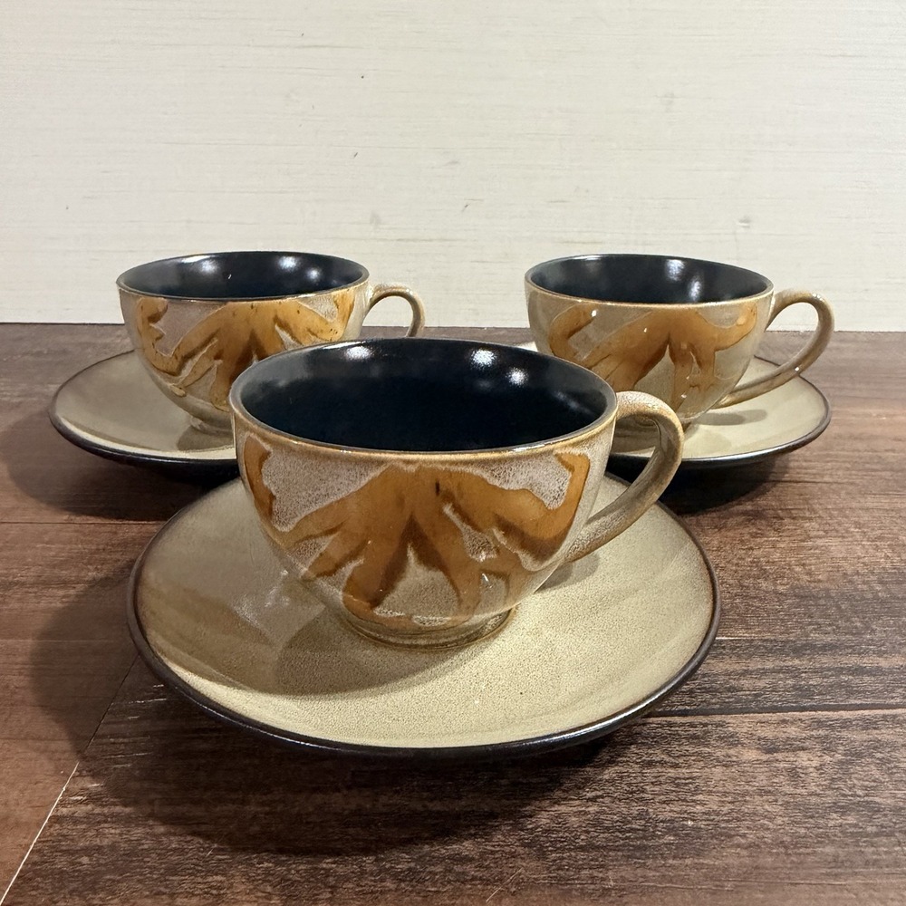 VTG Pier 1 Imports Kioko Speckled Golden Flower Stoneware Tea Cup & Saucer Set 3